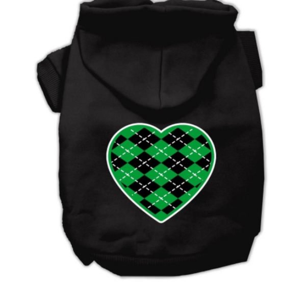 Argyle Heart Green Screen Print Pet Hoodies Black size XS....XXL