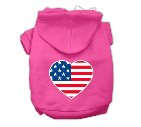 American Flag Heart Screen Print Pet Hoodies Bright Pink size XS....XXL