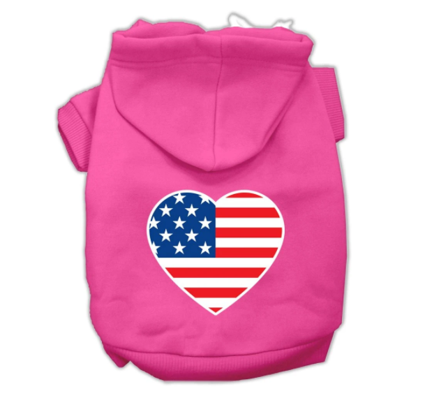 American Flag Heart Screen Print Pet Hoodies Bright Pink size XS....XXL